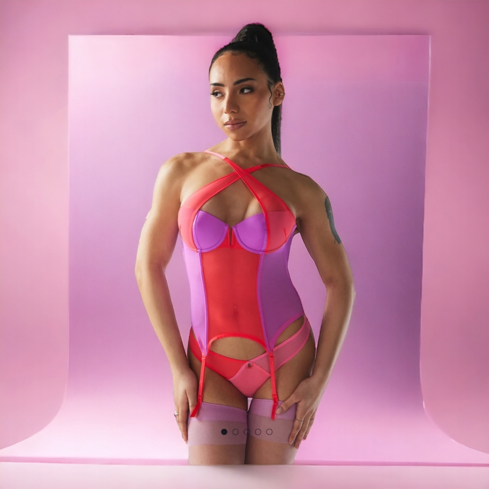 SAVAGE X FENTY I DARE HUE MESH BUSTIER RED PINK COMBO SIZE LARGE
